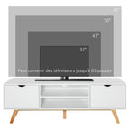 Meuble TV, sur Pied, 2 Portes 2 niches en Bois Blanc 150L x 39l x 50H cm