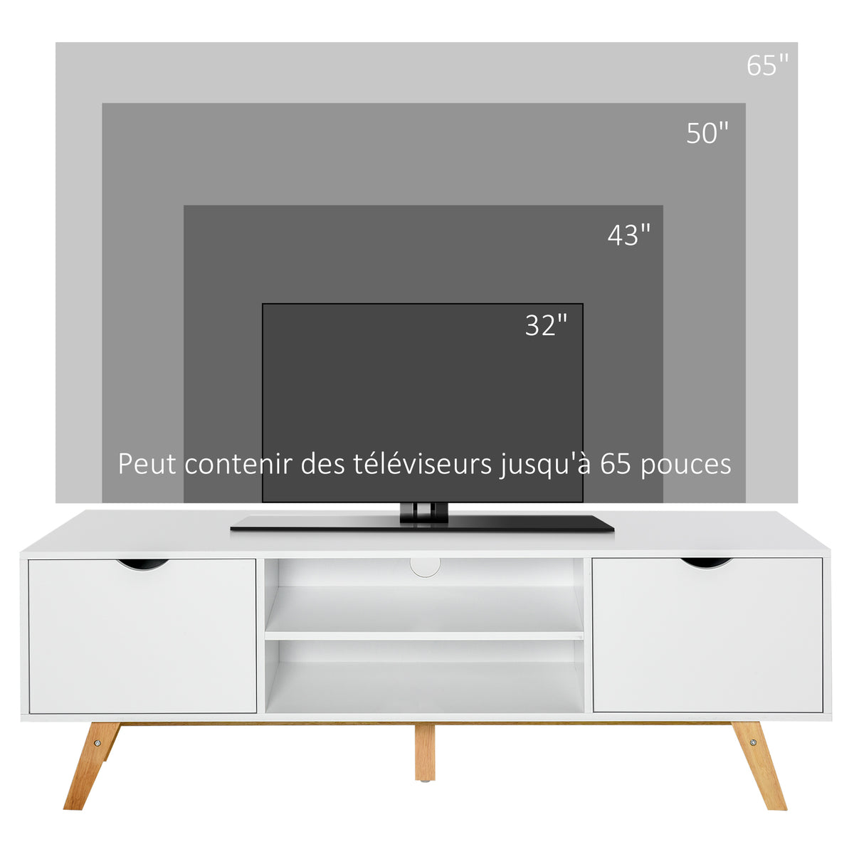 Meuble TV, sur Pied, 2 Portes 2 niches en Bois Blanc 150L x 39l x 50H cm