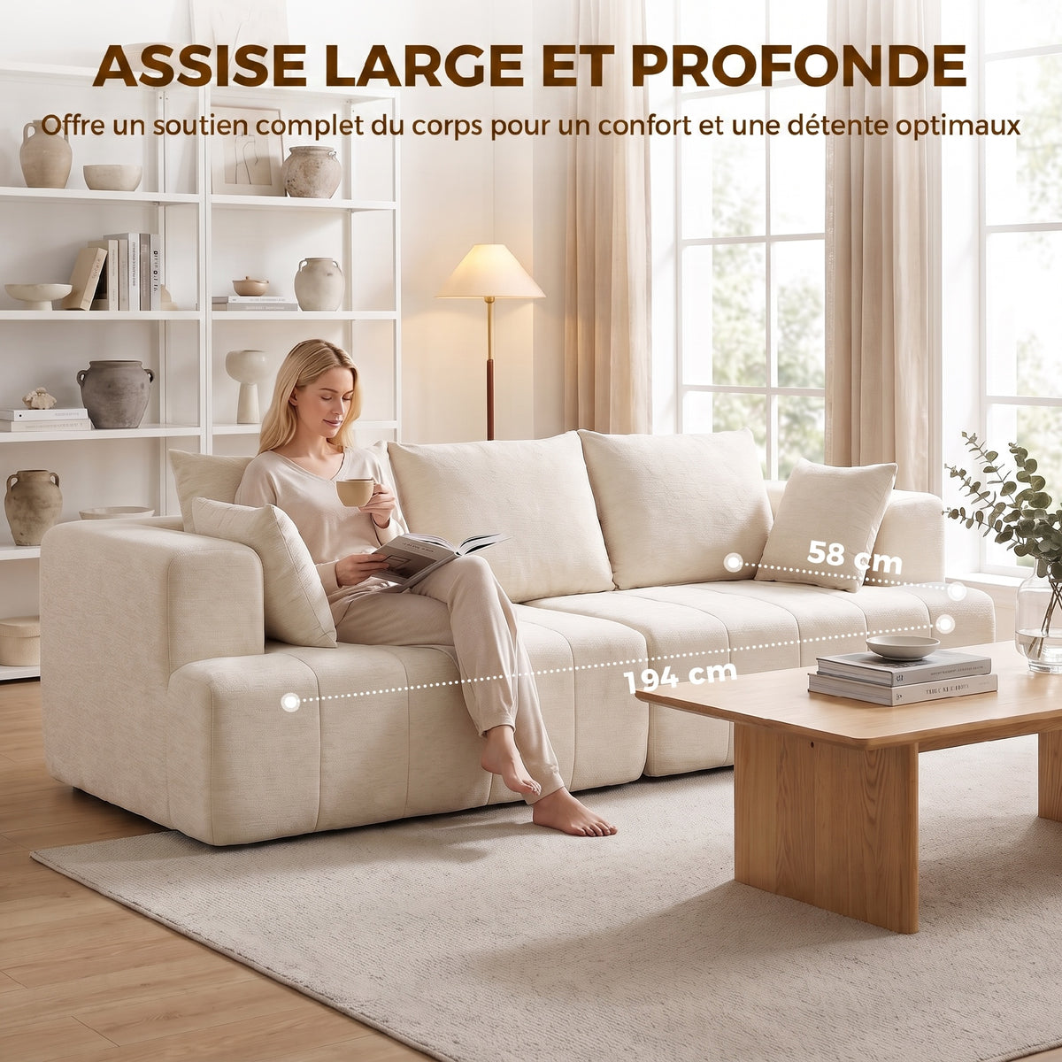 Canapé 3 places 248 cm, coussins à ressorts, beige