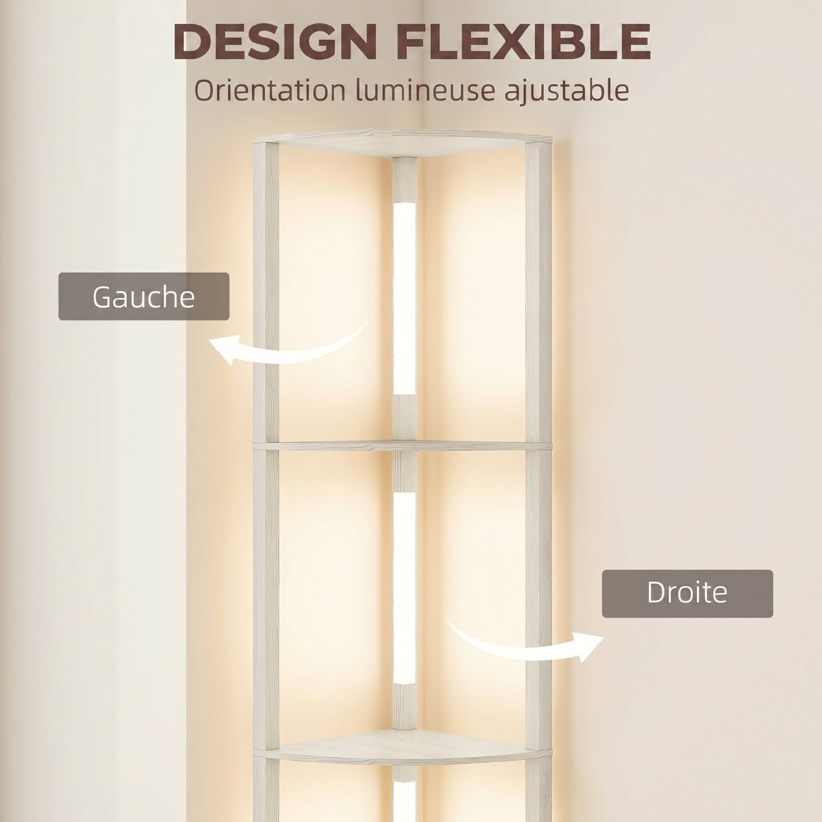 Lampadaire / lampe avec Étagères d'Angle à 4 Niveaux, Lampe LED Dimmable, 41x29,5x163,5cm, Chêne