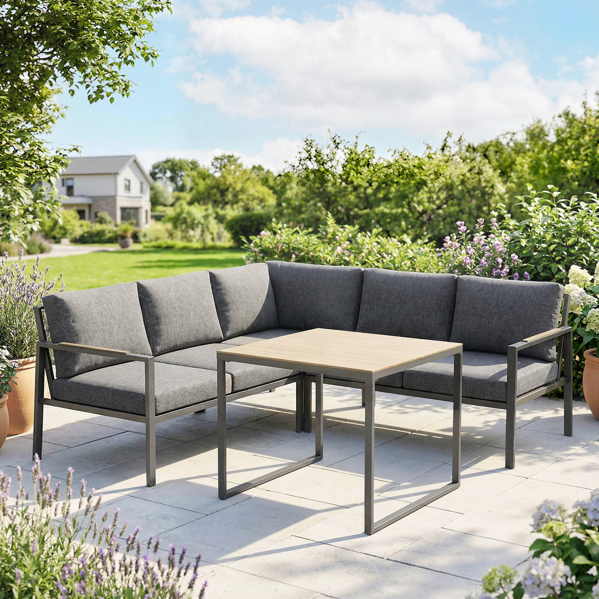 Salon de Jardin 3 Pièces, 2 Canapés avec Coussins Épais, 1 Table Basse, 183x183x72cm, Gris Foncé