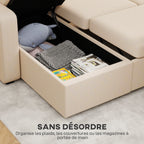 Canapé d'angle convertible en velours, canapé-lit 3 places, coussins, 205x135x76cm, beige