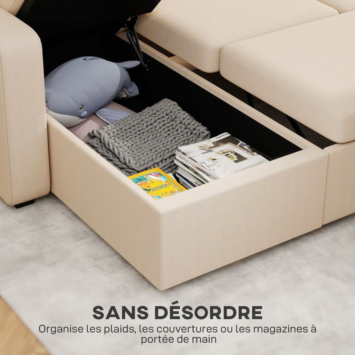 Canapé d'angle convertible en velours, canapé-lit 3 places, coussins, 205x135x76cm, beige