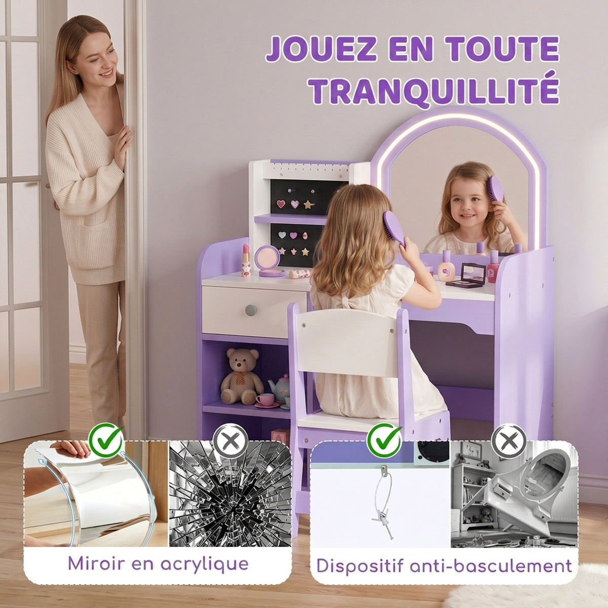 Coiffeuse pour Enfants avec Tabouret et Miroir, Violet