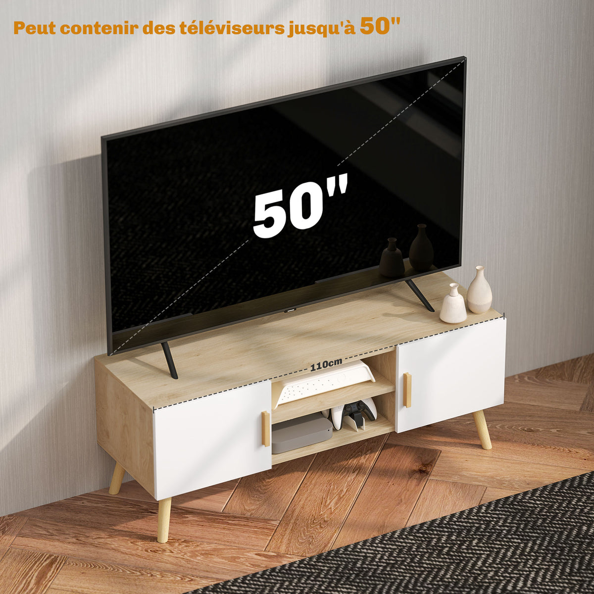 Meuble TV jusqu'à 50 pouces avec étagères, 2 placards et passe-câbles, chêne