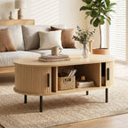 Table basse ovale en bois, portes coulissantes et rangement caché, 100x55x40cm, bois naturel