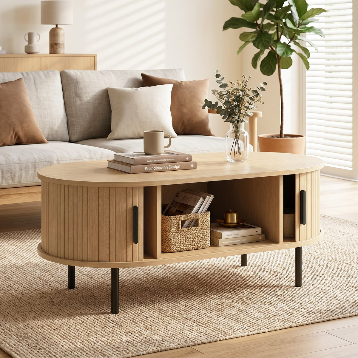 Table basse ovale en bois, portes coulissantes et rangement caché, 100x55x40cm, bois naturel