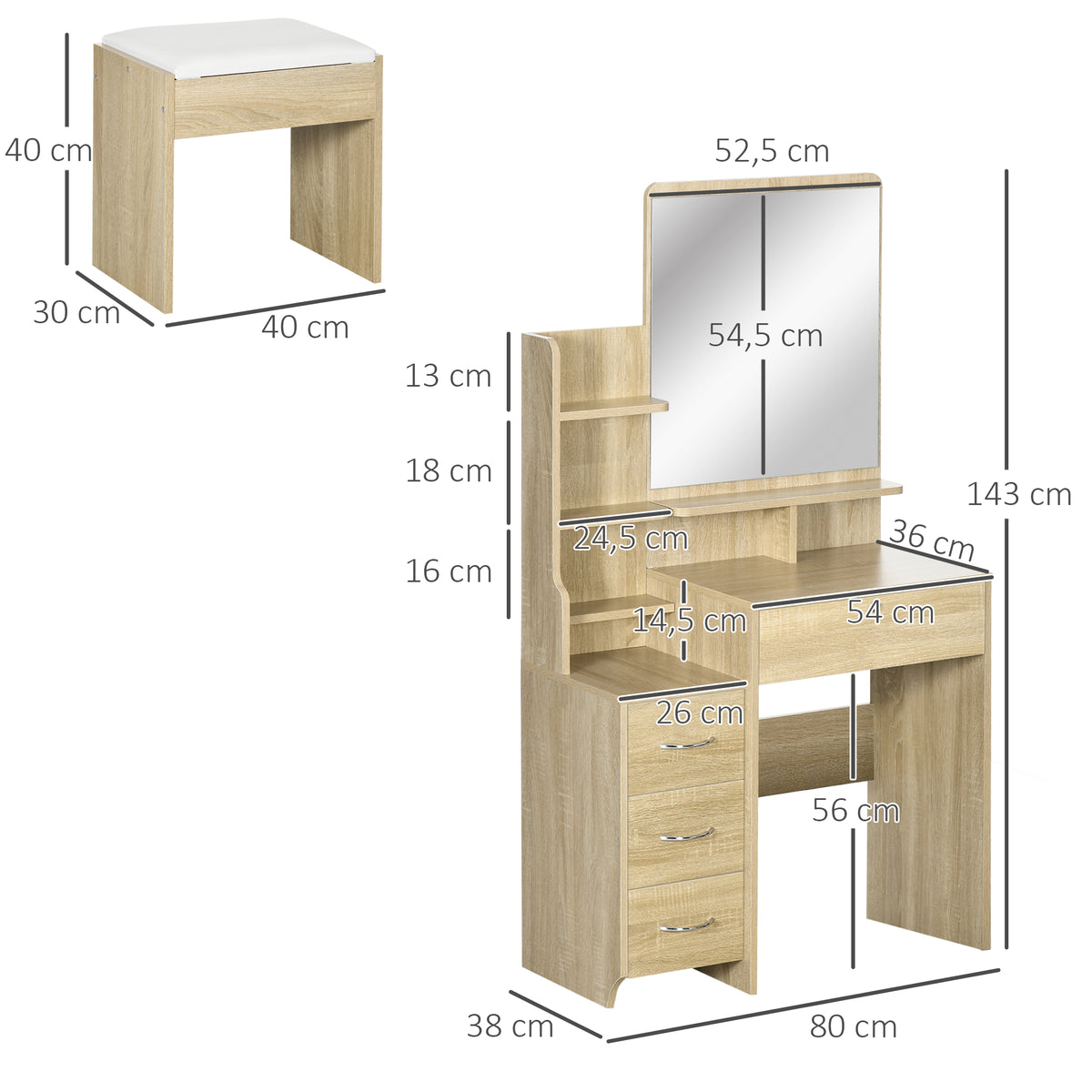 coiffeuse table de maquillage, tabouret rembourré, grand miroir, plusieurs étagères ouvertes, 4 tiroirs bois naturel