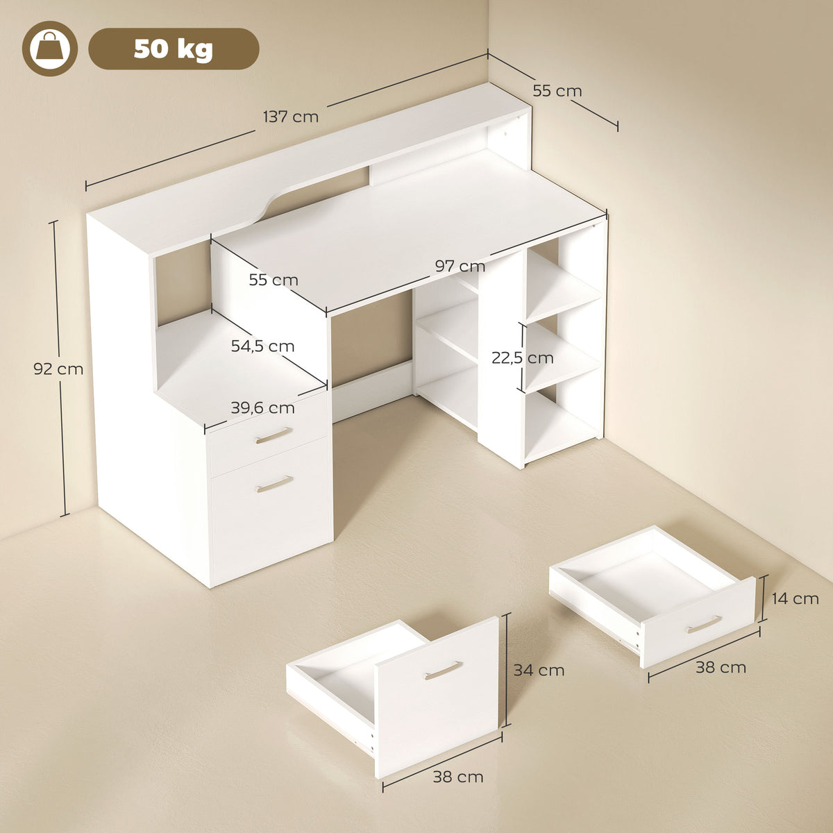 Bureau informatique, 2 tiroirs, 137x55x92cm, blanc