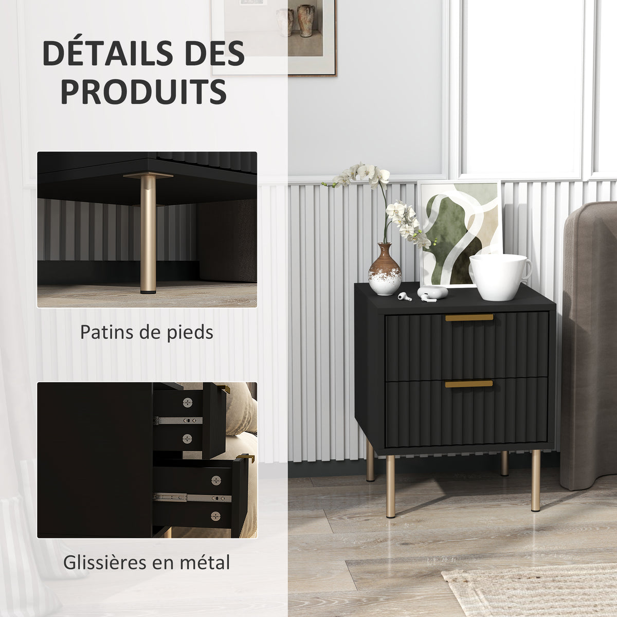 Table de chevet cannelée avec 2 tiroirs et pieds en acier, noir