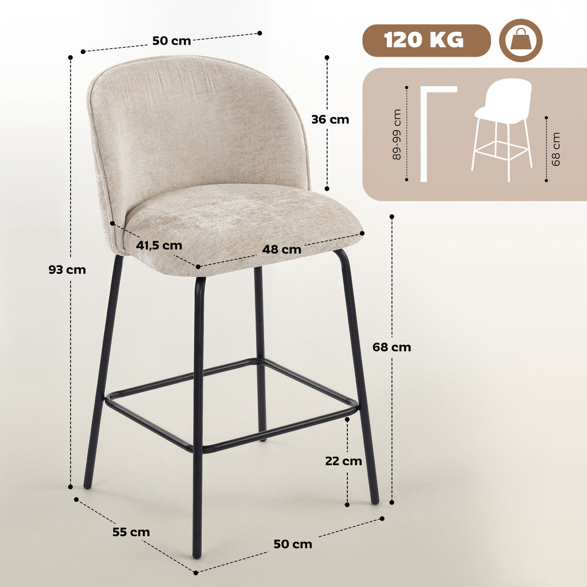 Lot de 2 tabourets de bar, repose-pied, hauteur d'assise 68 cm, beige