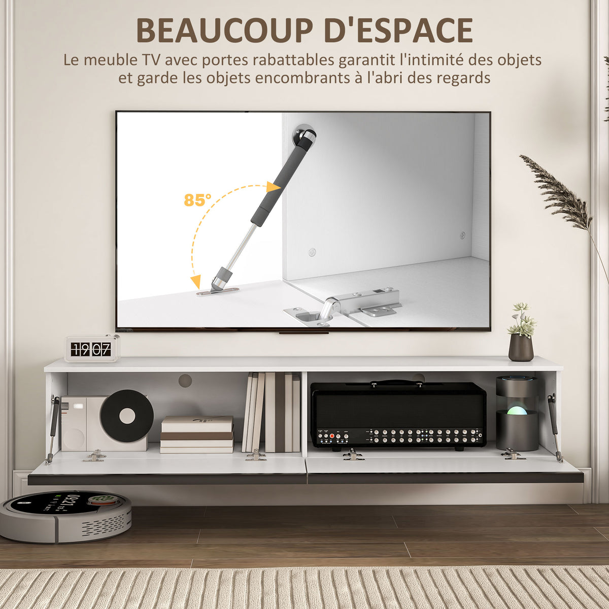 Meuble TV suspendu avec placard, jusqu'à 70 pouces, blanc