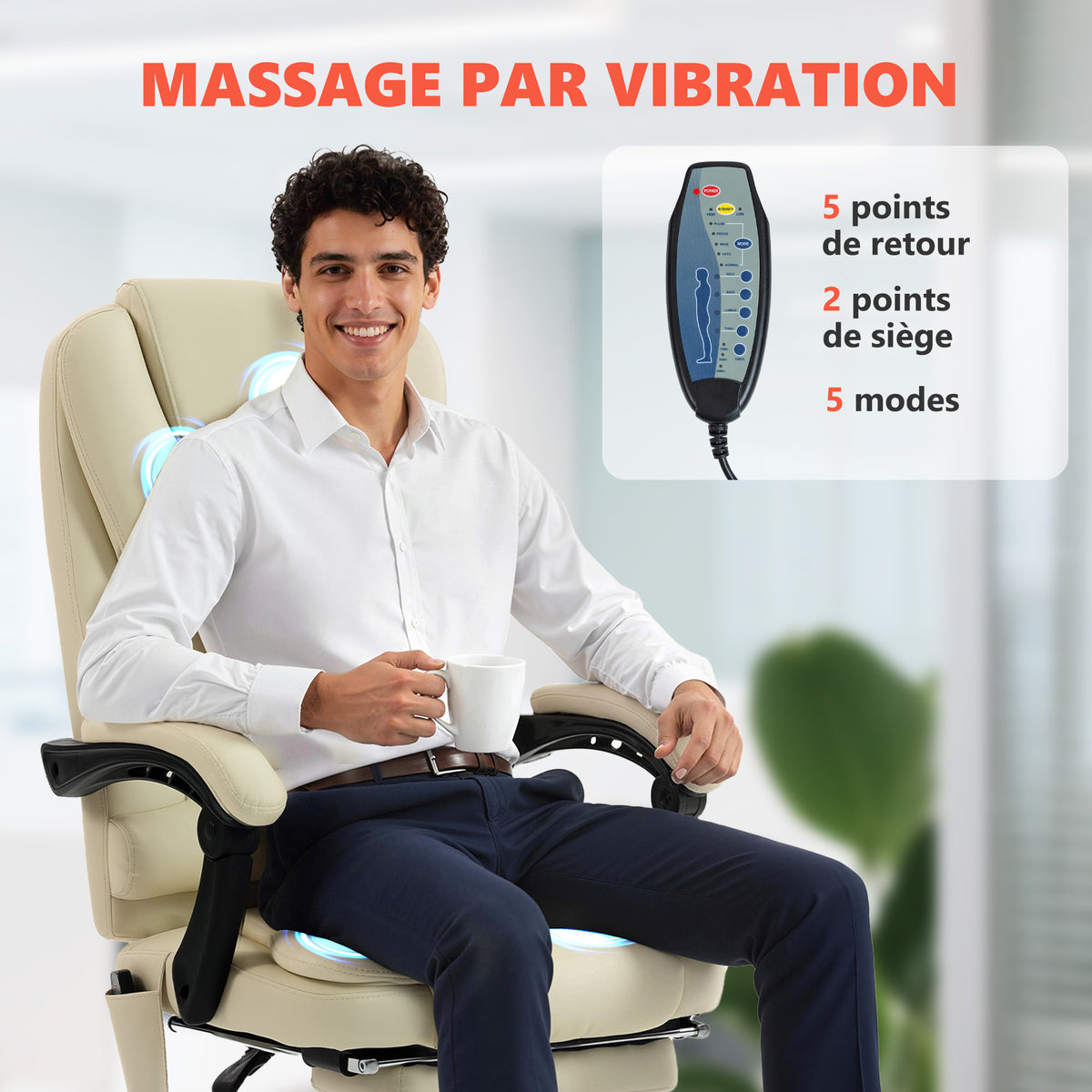 Fauteuil de bureau massant, dossier inclinable et télécommande filaire, beige