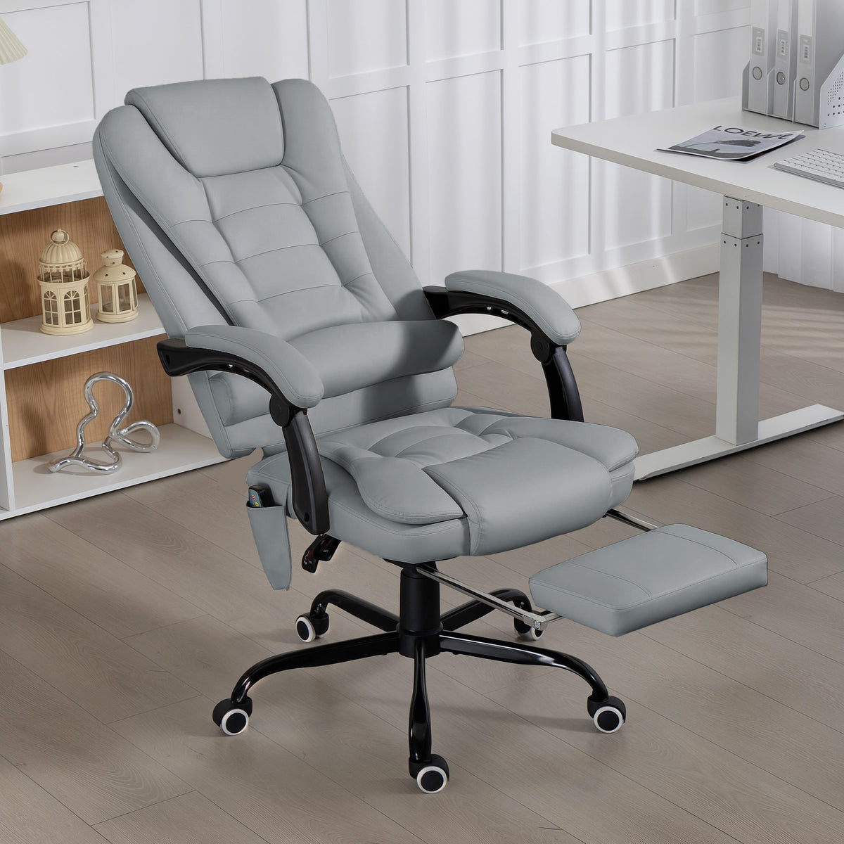 Fauteuil de bureau massant, inclinable et télécommande filaire, gris