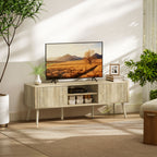 Meuble TV, 65 pouces avec 2 portes, 2 compartiments ouverts, étagère réglable, 140x35x49cm, chêne