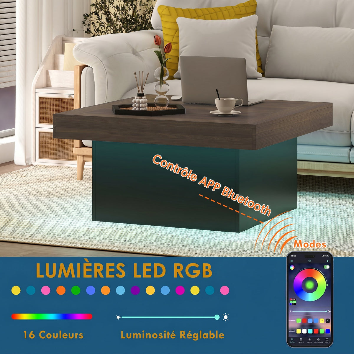 Table basse carrée, éclairage LED 16 couleurs, 90 x 90 x 45 cm