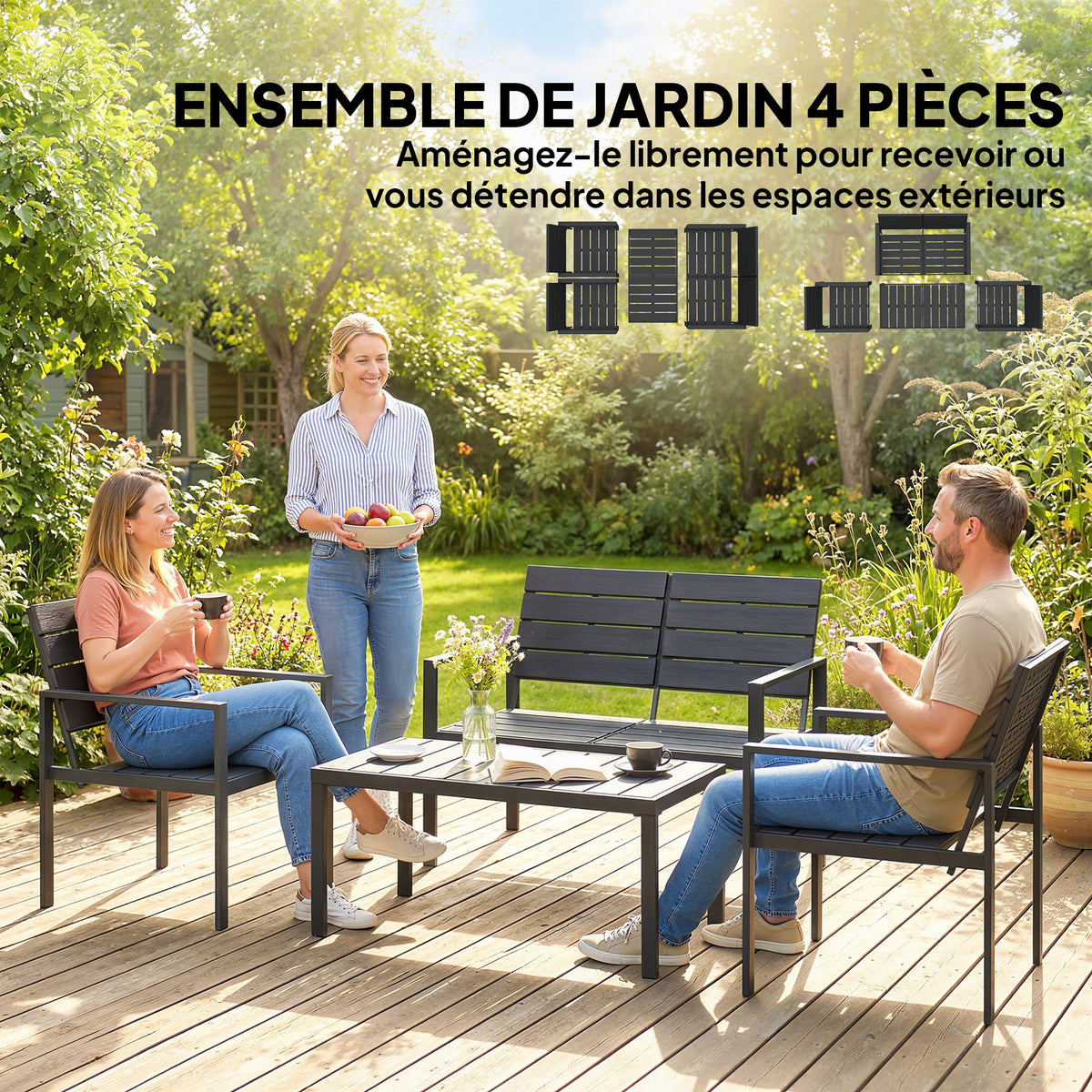 Salon de Jardin Extérieur 4 Pièces, Canapé 2 Places, 2 Chaises, Table Basse, Effet Bois Noir