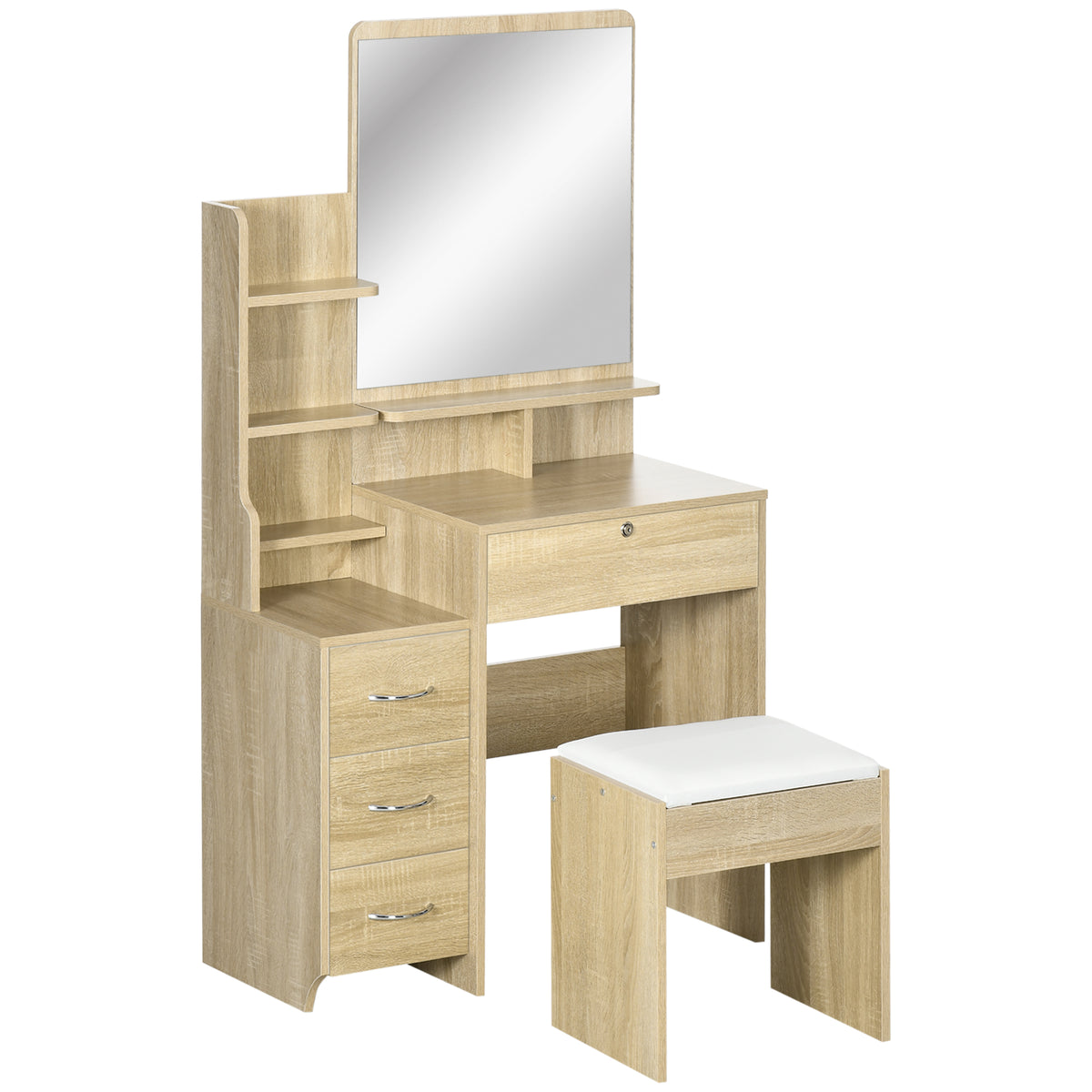 coiffeuse table de maquillage, tabouret rembourré, grand miroir, plusieurs étagères ouvertes, 4 tiroirs bois naturel
