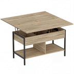 Table basse relevable et extensible, compartiment caché étagères ouvertes, 98x49x55cm, bois naturel