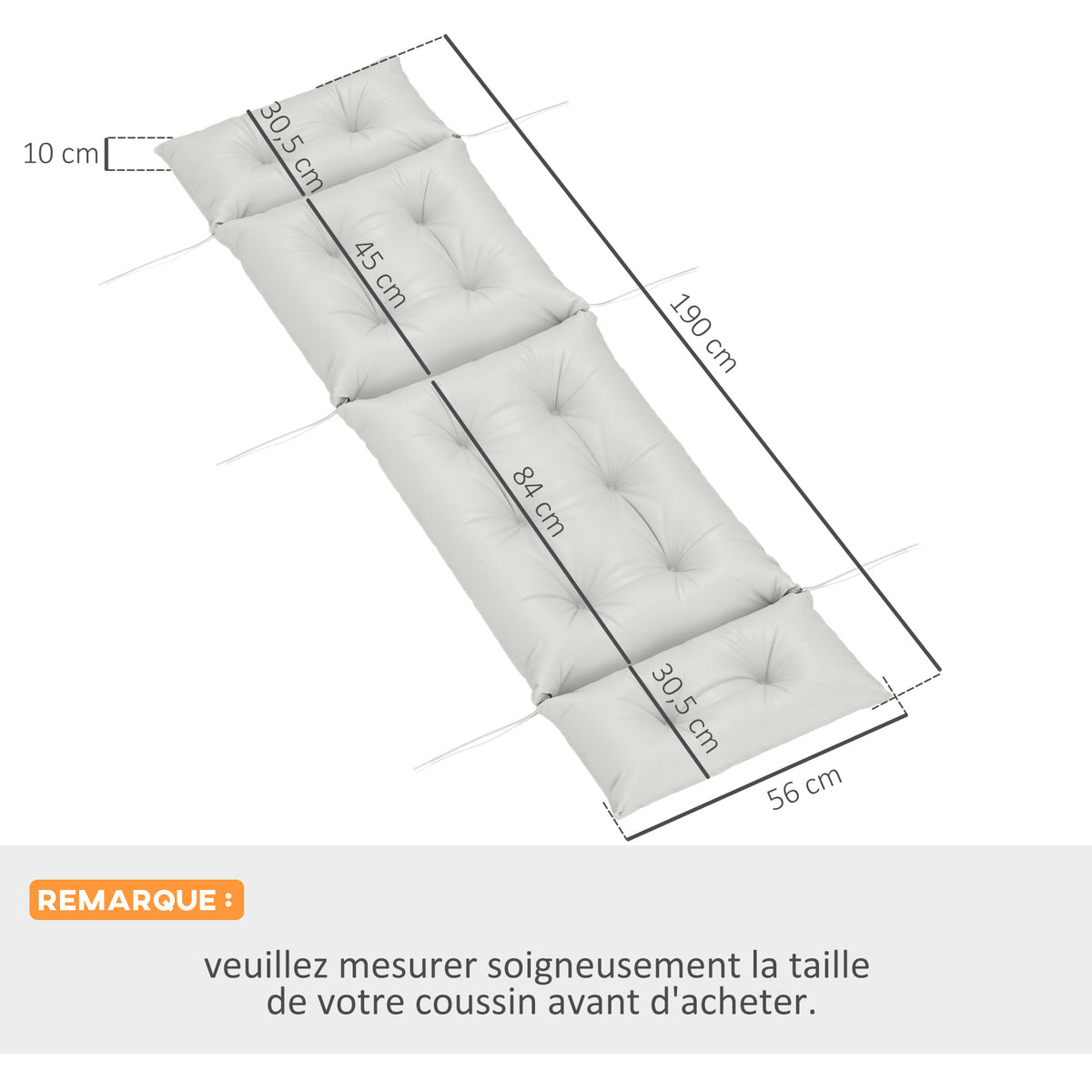Matelas pour transat, épais coussin chaise longue 190 x 56 x 10 cm, UPF20+, six attaches, gris clair