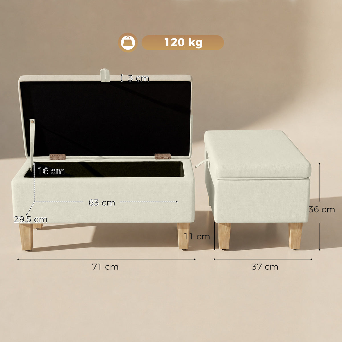 Banc de rangement, bout de lit, 71x37x36cm, beige