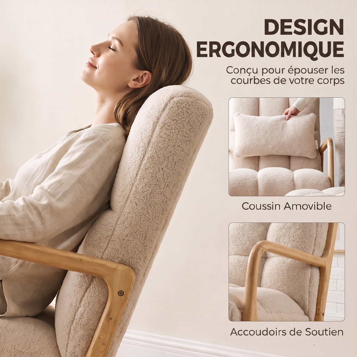 Fauteuil à Bascule avec Repose-Pieds, en Tissu, Pieds en Bois, 64,5 x 82 x 89 cm, Beige