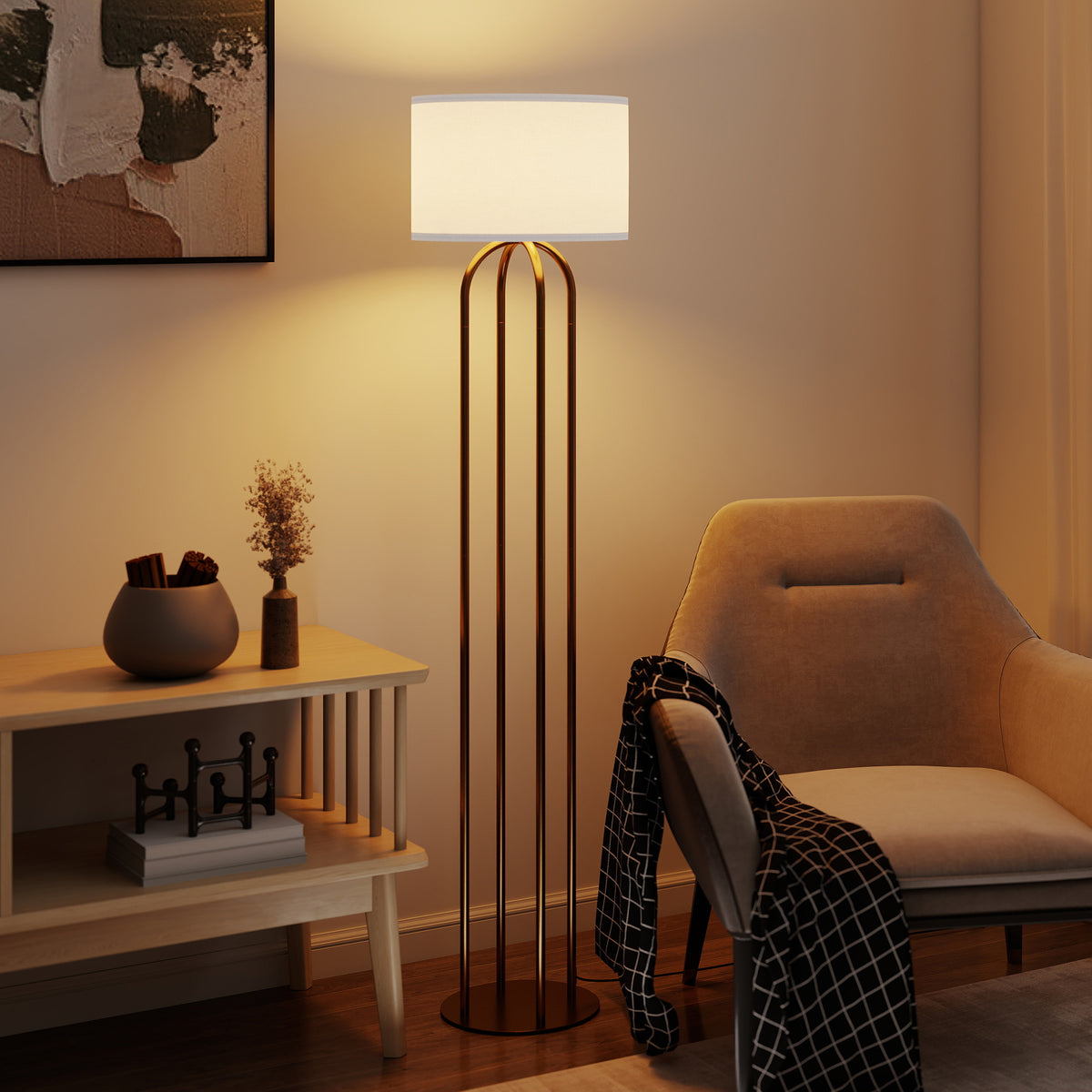 Lampadaire / lampe sur pied avec abat-jour en lin et interrupteur à pied, Ø 38 x 161 cm, doré et beige