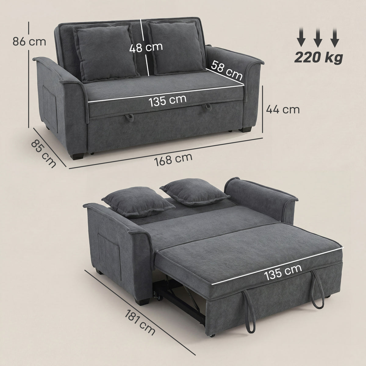 Canapé convertible 2 places, canapé-lit clic-clac, 2 coussins, gris