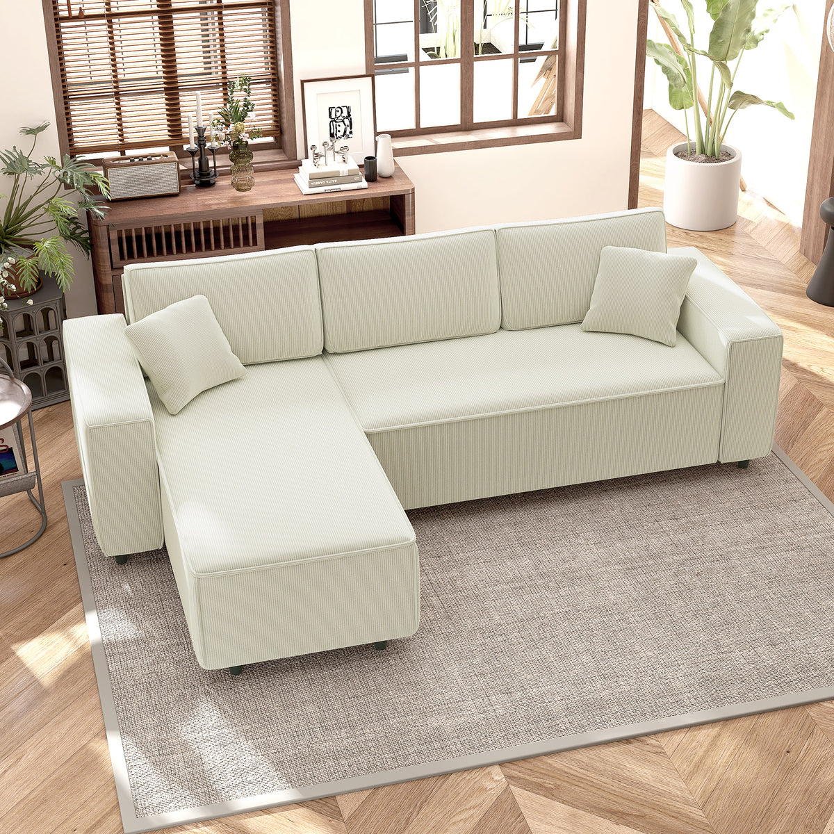 Canapé d'angle réversible 3 places avec coussins inclus, tissu velours côtelé, crème