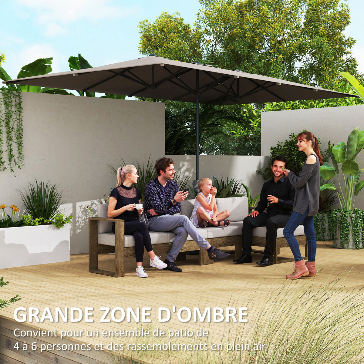 Parasol de jardin, rectangulaire 451 x 264 cm avec manivelle toile polyester 200g/m² gris foncé