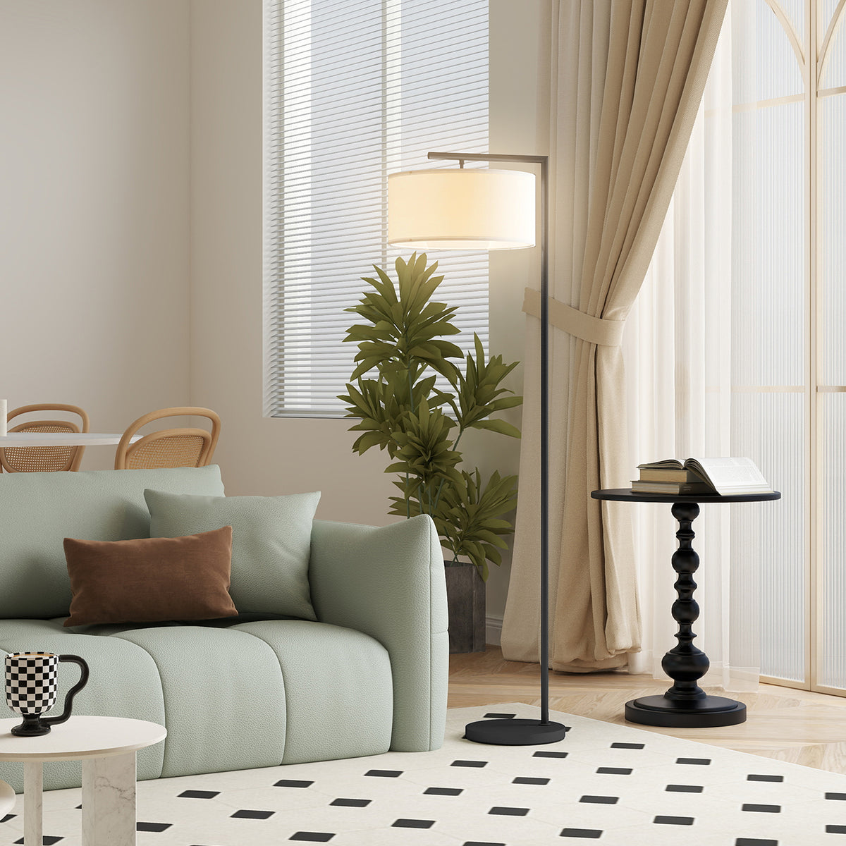 Lampadaire / lampe à pied abat-jour en tissu de lin 47 x 37 x 153 cm noir et blanc