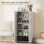 Meuble à chaussures 10 paires à haute brillance, 5 niveaux, étagères réglables, 55x36x108cm, blanc