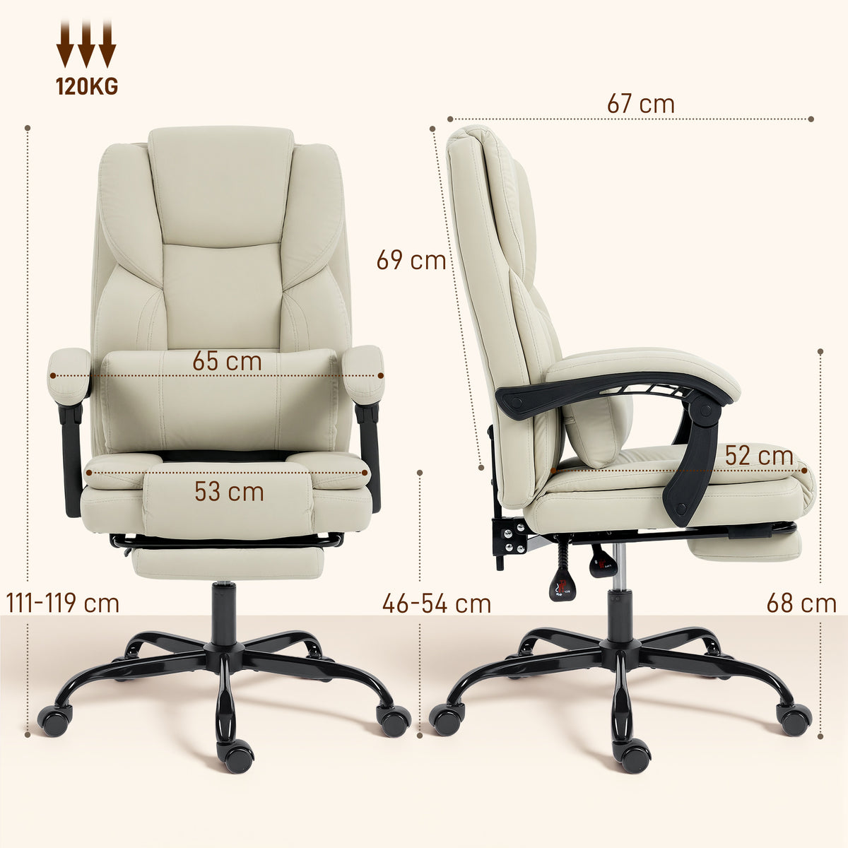 Chaise Bureau Ergonomique, 65x67x111-119cm, Beige