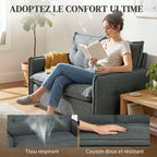 Canapé 2 places, 131 cm avec assise rembourrée, coussins à ressorts, tissu en lin, gris foncé