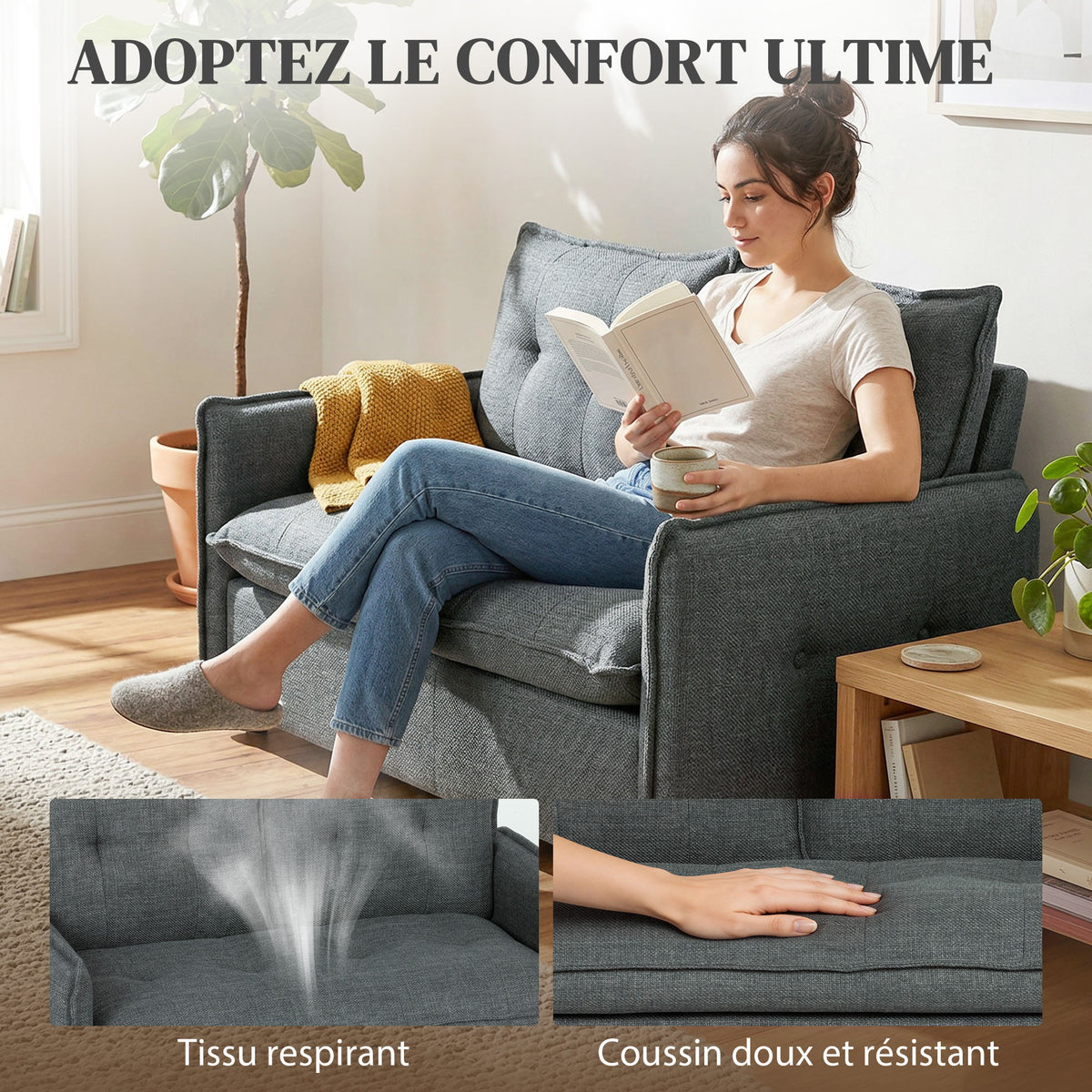 Canapé 2 places, 131 cm avec assise rembourrée, coussins à ressorts, tissu en lin, gris foncé