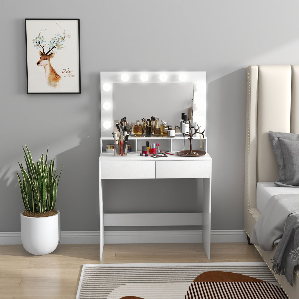 Coiffeuse avec miroir, tiroirs, 3 modes d'éclairage, 10 ampoules, 80 x 40 x 135 cm, blanc