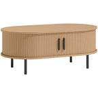 Table basse ovale en bois, portes coulissantes et rangement caché, 100x55x40cm, bois naturel