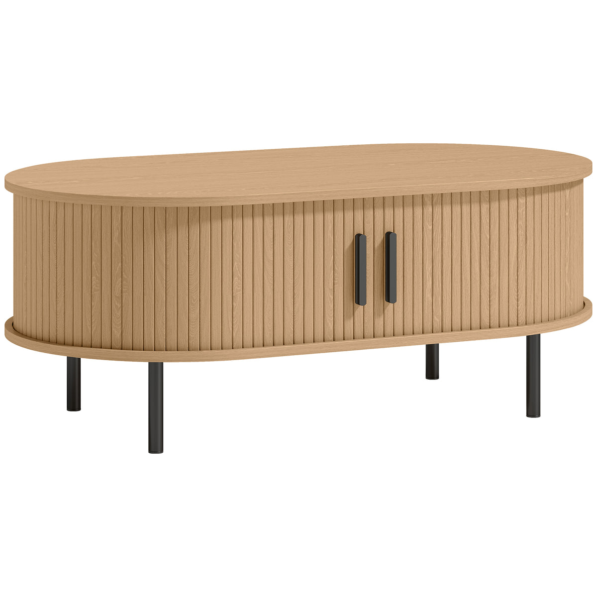 Table basse ovale en bois, portes coulissantes et rangement caché, 100x55x40cm, bois naturel