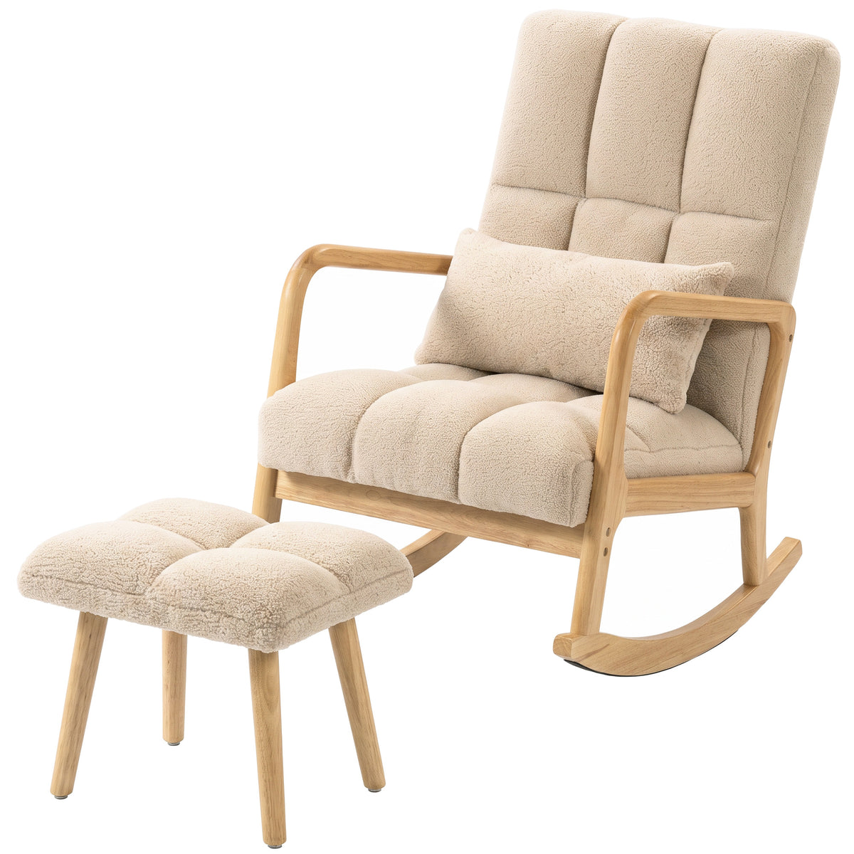 Fauteuil à Bascule avec Repose-Pieds, en Tissu, Pieds en Bois, 64,5 x 82 x 89 cm, Beige