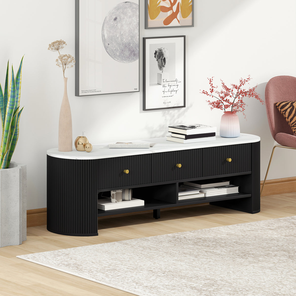 Meuble TV 140 cm, 65 pouces effet marbre avec 3 tiroirs façades à cannelures 2 étagères noir