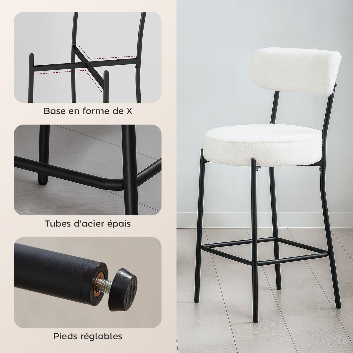 Lot de 2 tabourets de bar, dossier courbé, repose-pieds, 49x52x95cm, crème
