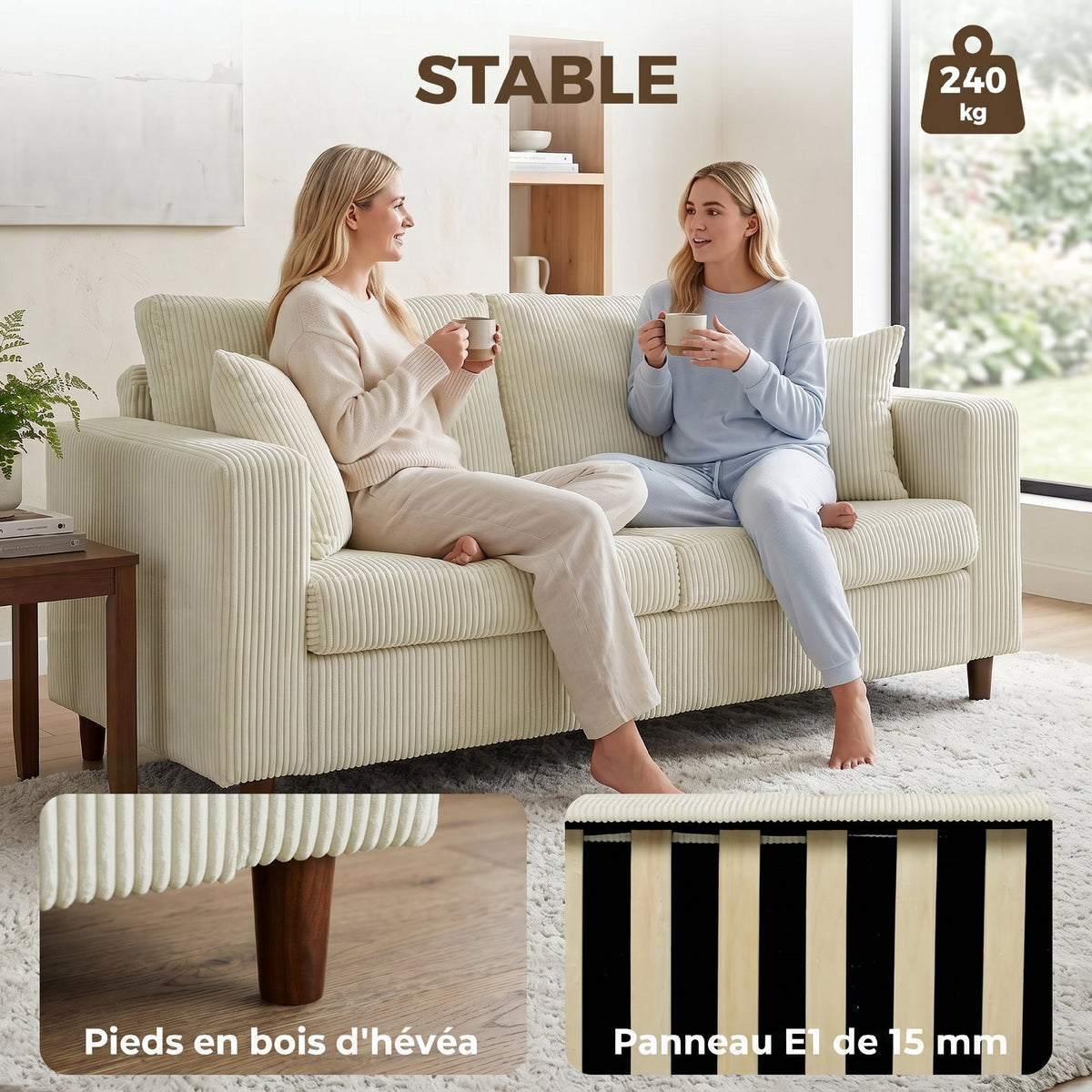 Canapé 2 Places en Velours, 170 cm, Coussin à Ressorts, Crème