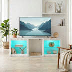 Meuble TV avec éclairage LED jusqu'à 70 pouces, 160cm avec étagères en verre réglables, blanc