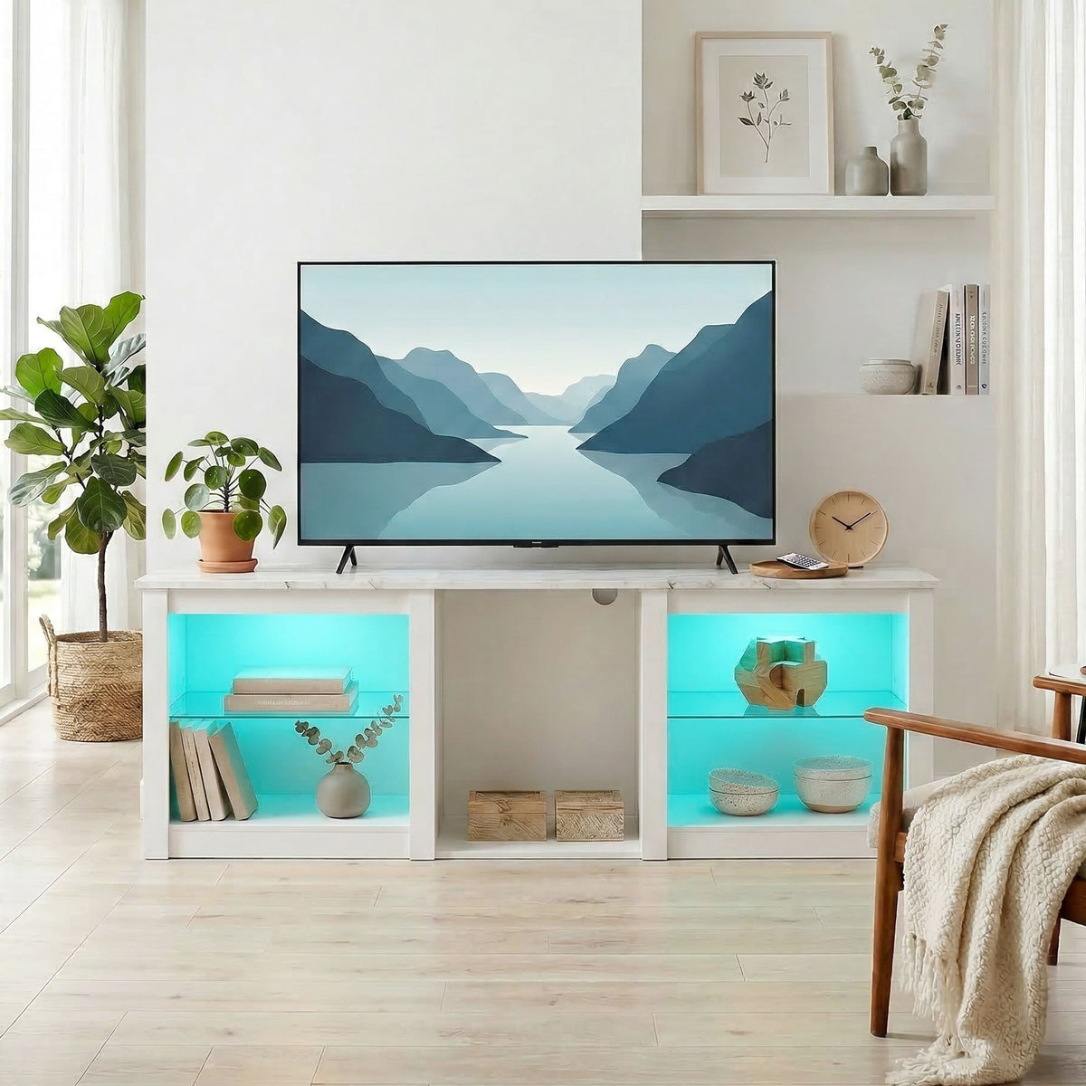 Meuble TV avec éclairage LED jusqu'à 70 pouces, 160cm avec étagères en verre réglables, blanc