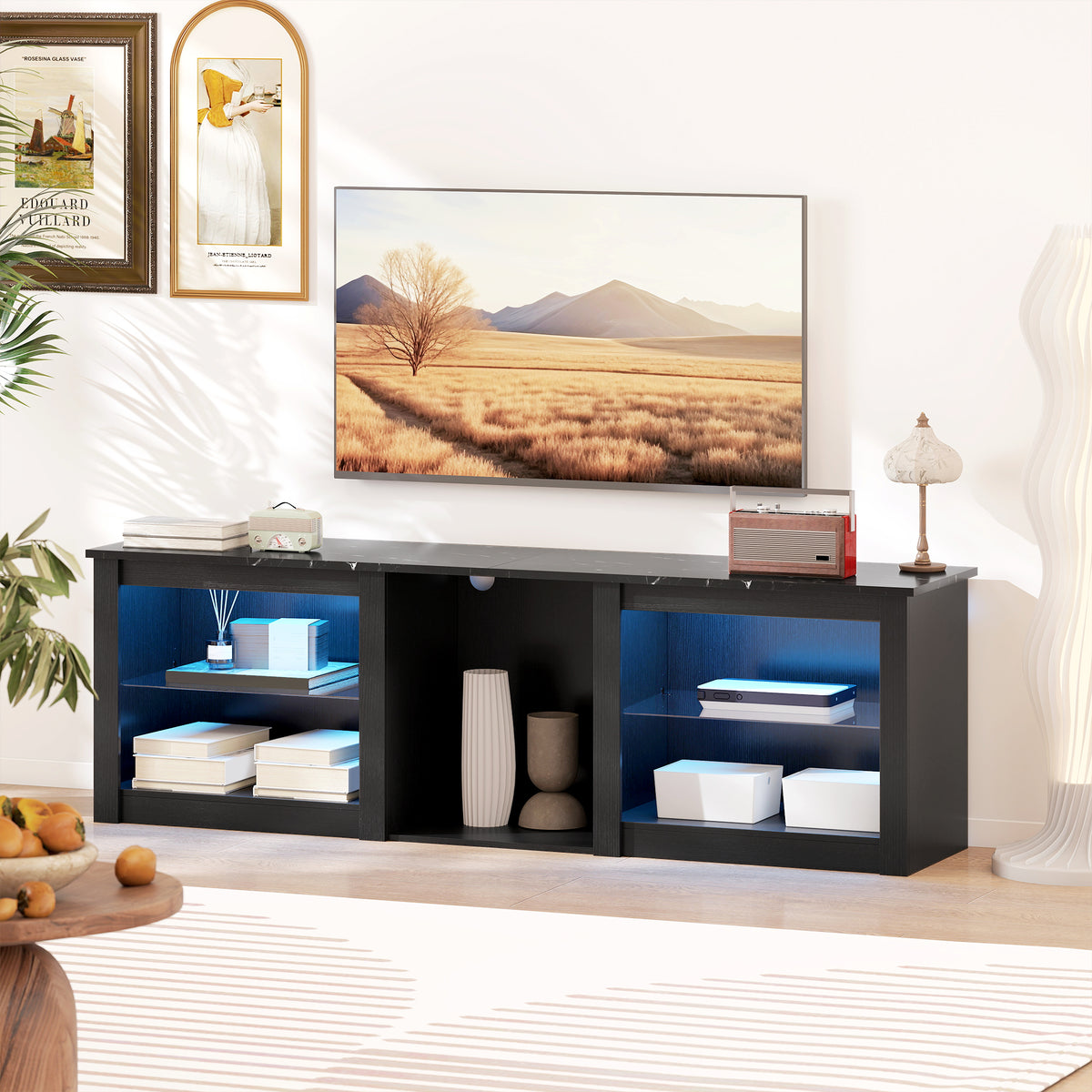 Meuble TV avec éclairage LED jusqu'à 70 pouces, 160cm avec étagères en verre réglables, noir