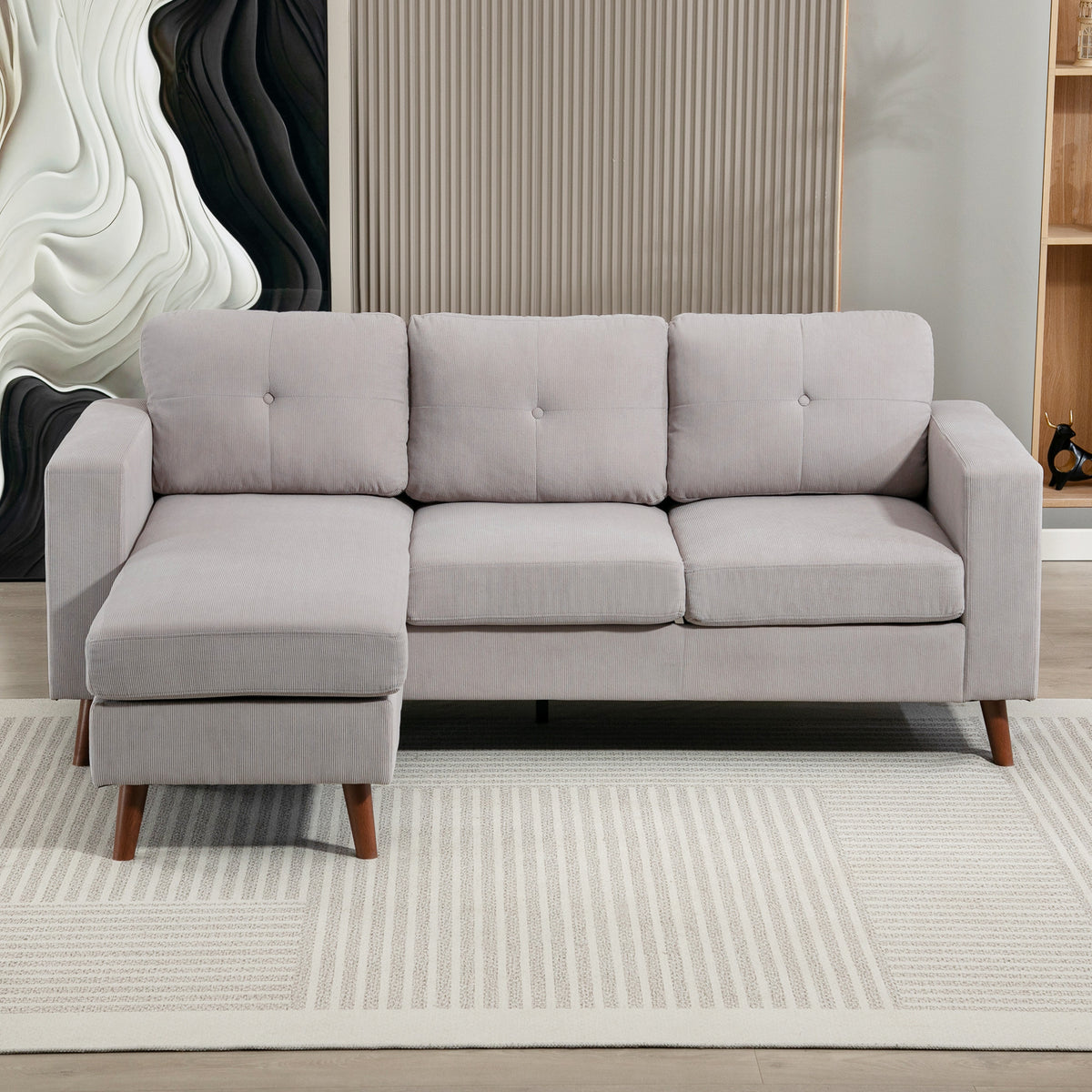 Canapé d'angle réversible en velours, canapé 3 places, 192x137x84cm, gris clair