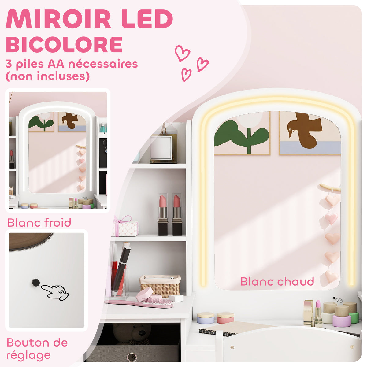 Coiffeuse pour enfants avec tabouret, miroir LED, table de maquillage 104 x 40 x 112 cm, blanc