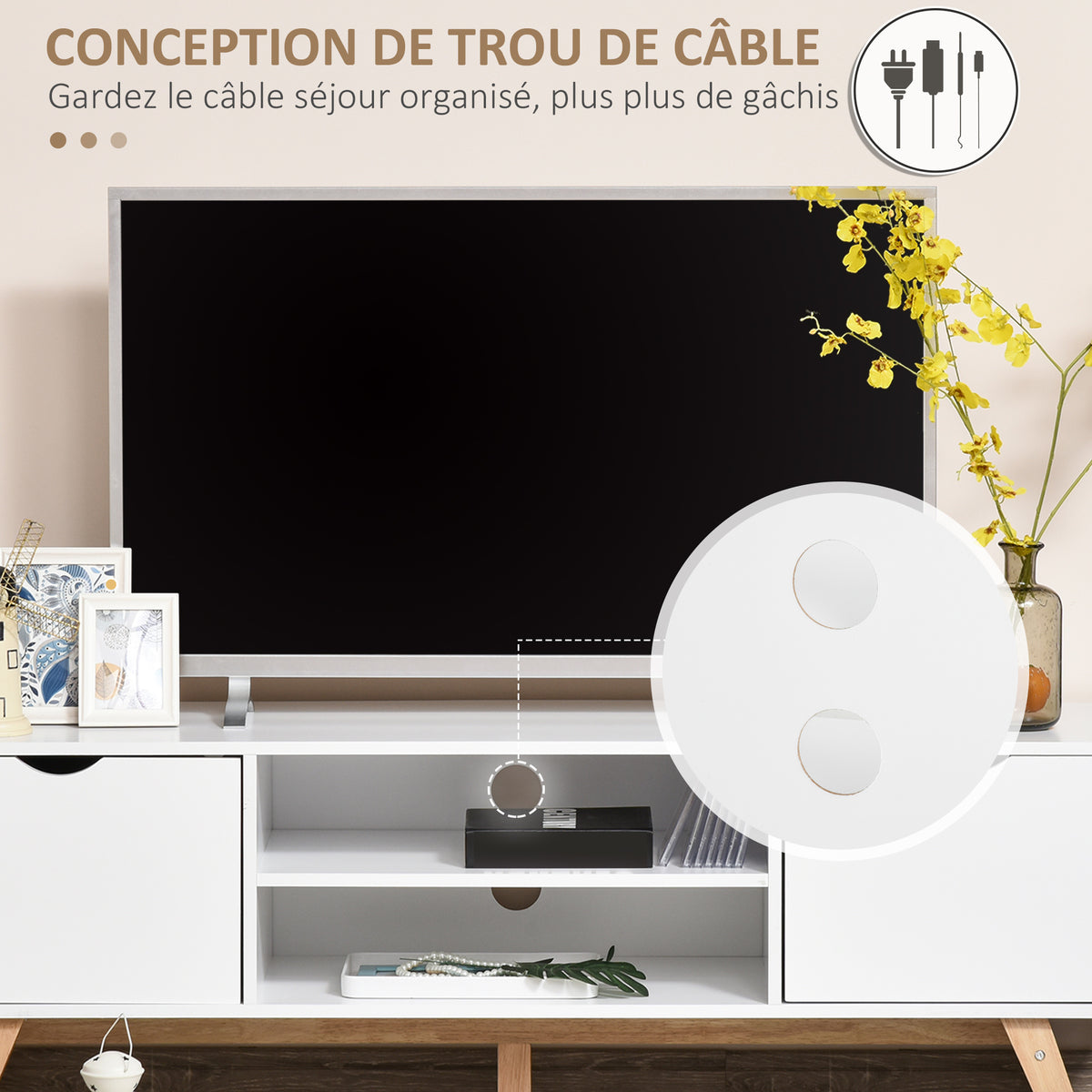 Meuble TV, sur Pied, 2 Portes 2 niches en Bois Blanc 150L x 39l x 50H cm