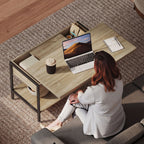 Table basse relevable et extensible, compartiment caché étagères ouvertes, 98x49x55cm, bois naturel