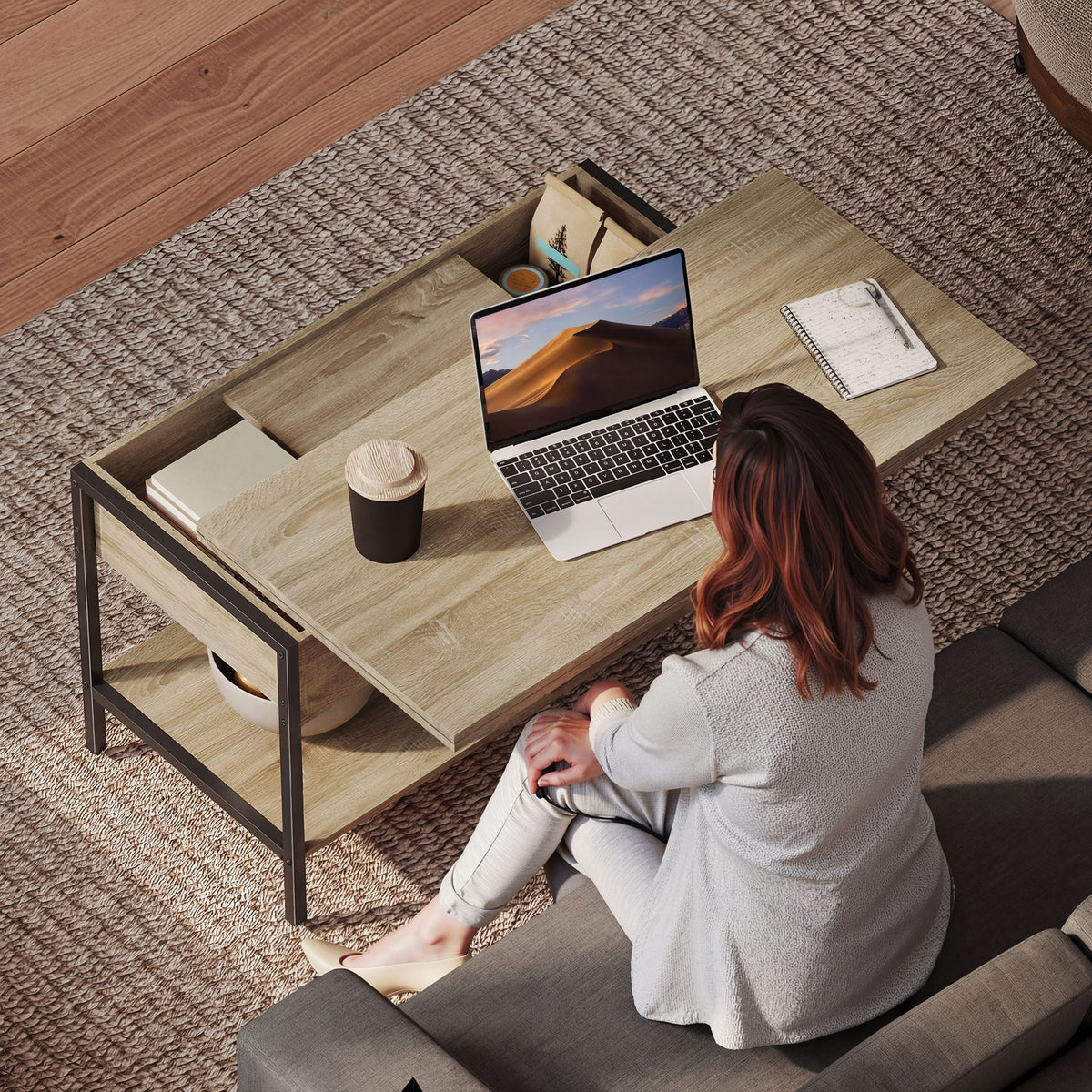 Table basse relevable et extensible, compartiment caché étagères ouvertes, 98x49x55cm, bois naturel